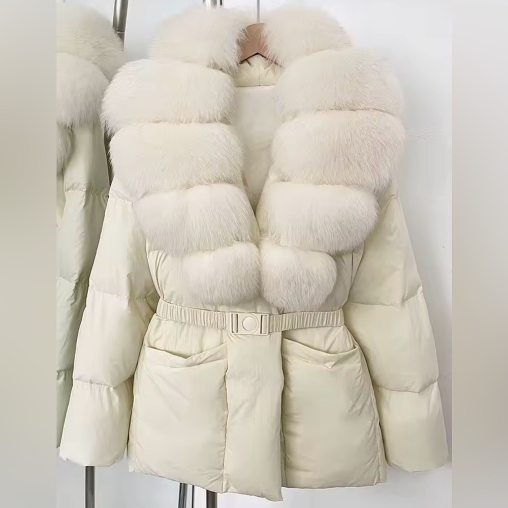 NWOT Elegant Cream/Off White Fur-Trimmed Women's Jacket